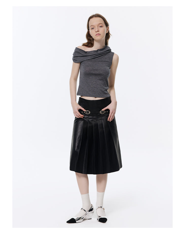 Retro Pleated A-line Leather Skirt