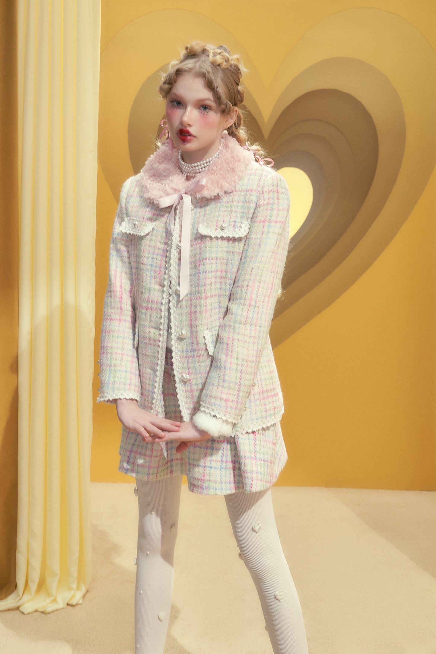 Pink checkered wool blazer ribbon set-up