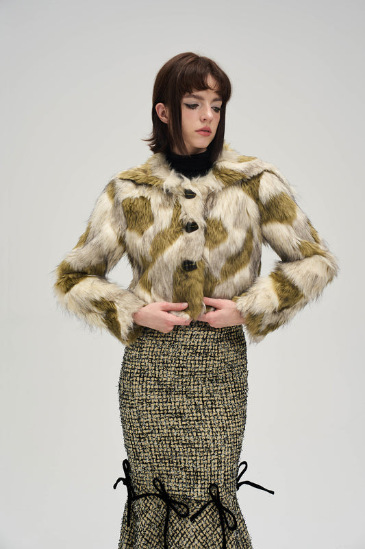 Slim Fit Short Length Jacquard Fur Jacket