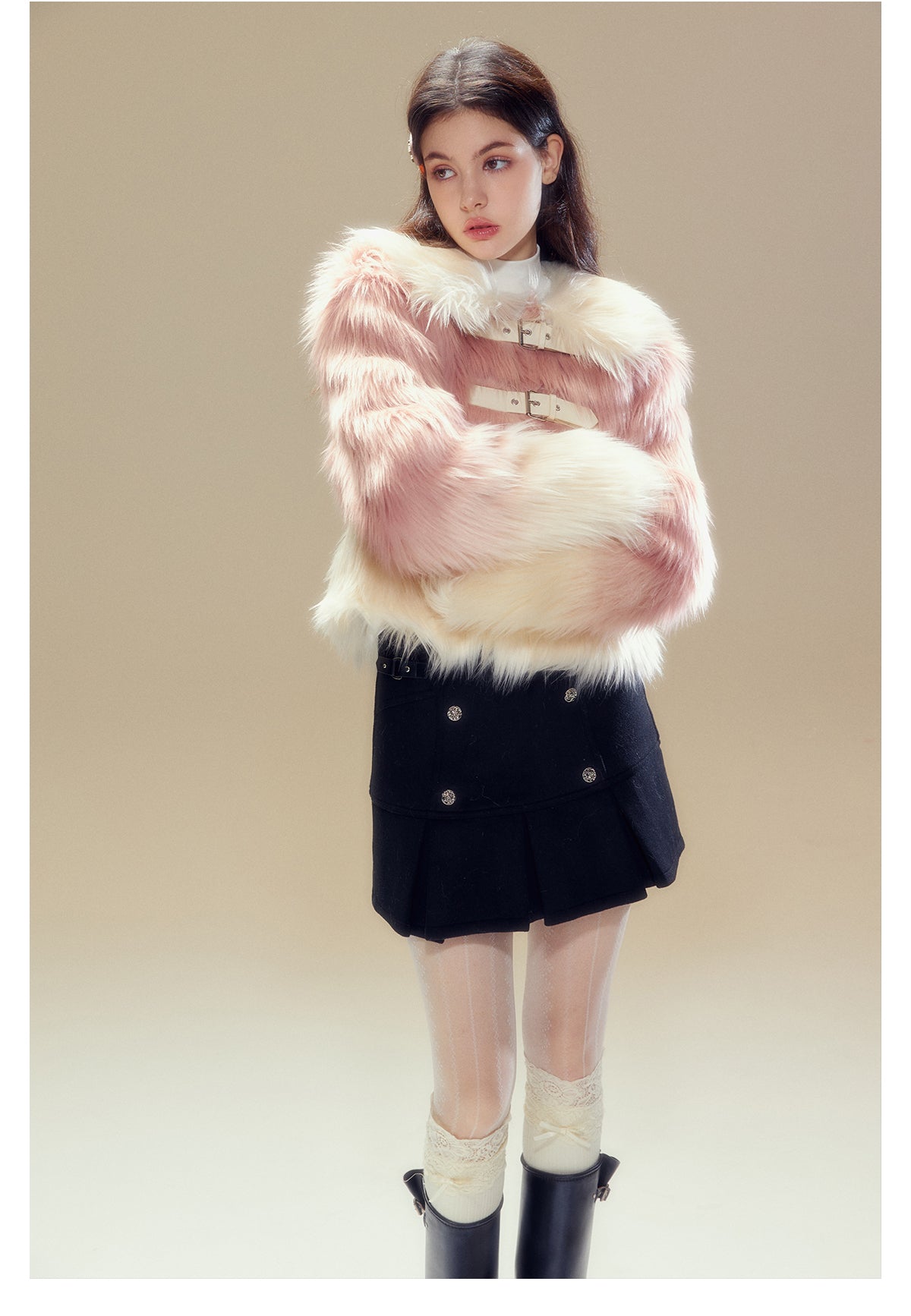 Short Length Gradient Leather Buckle Fur Jacket