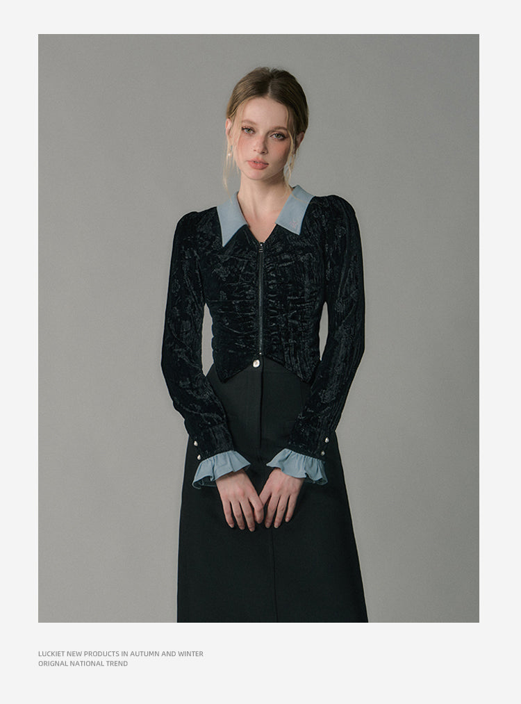 Retro design contrast velvet pleated shirt