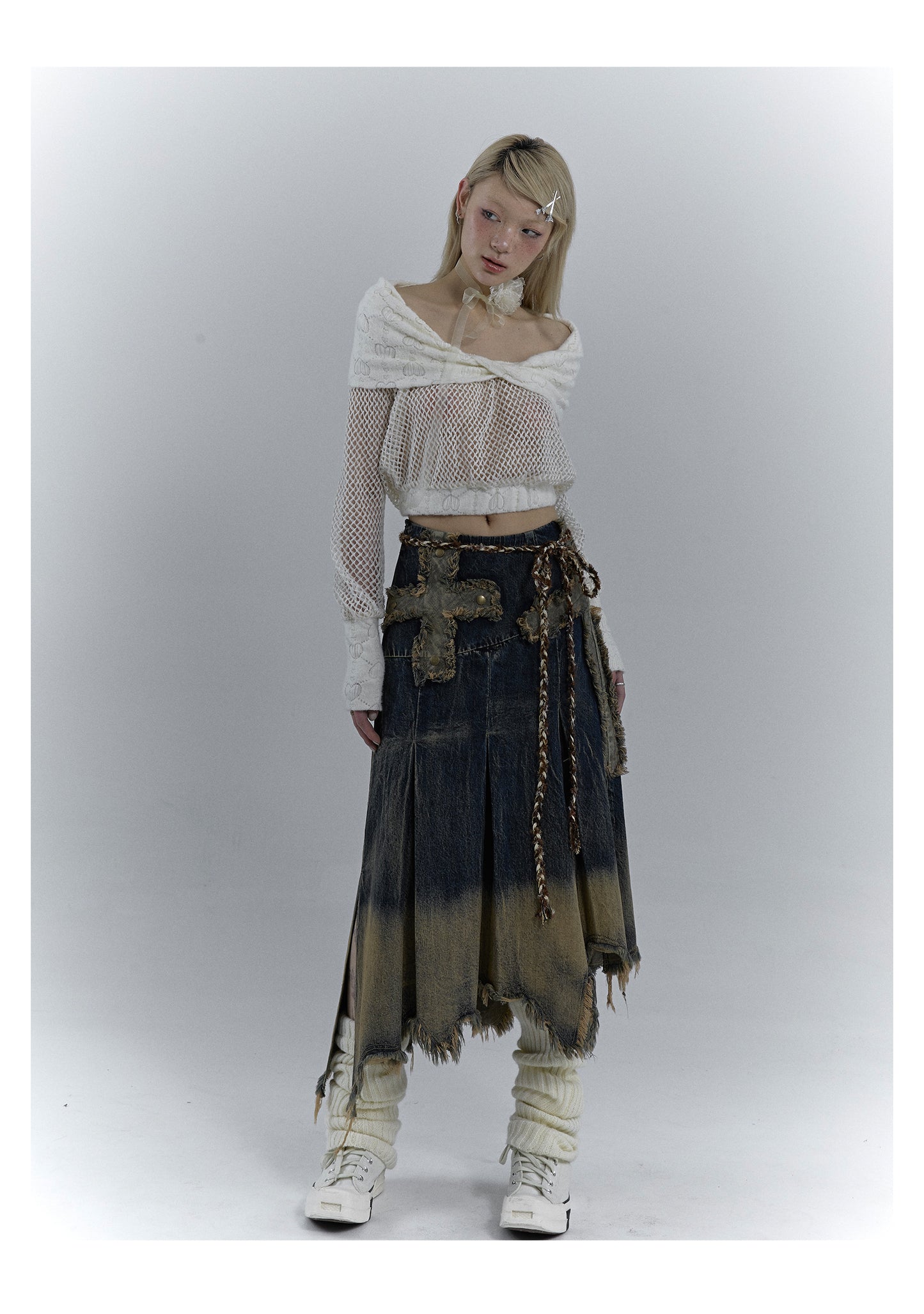 Washed Damaged Long Length Denim Skirt