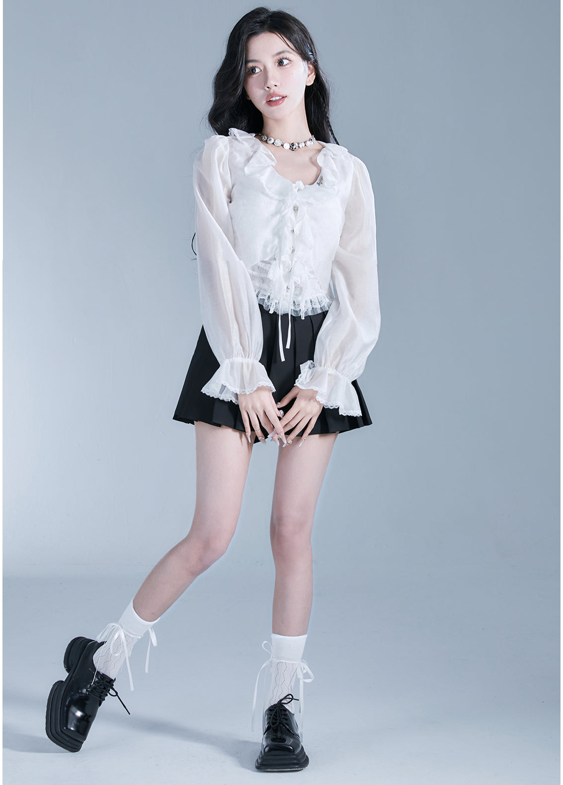 Long Sleeve Frilled Lace Blouce