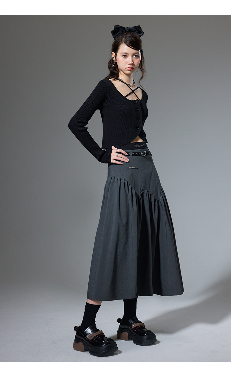 High Waist Stitch Pleated A-Line Long Skirt