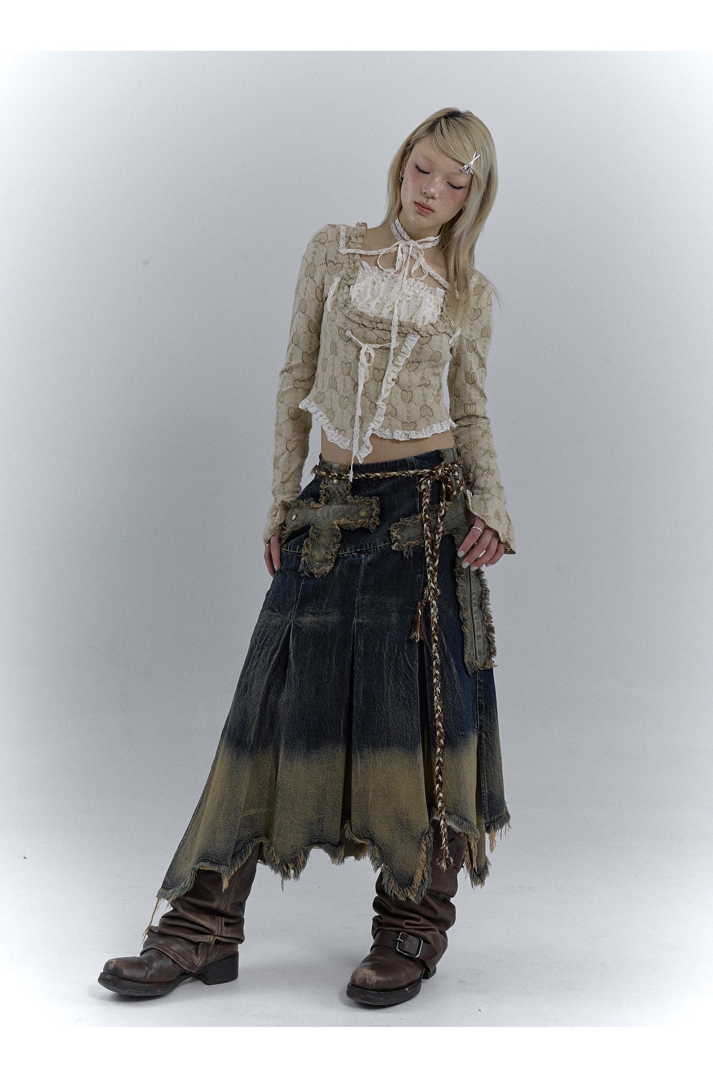 Washed Damaged Long Length Denim Skirt