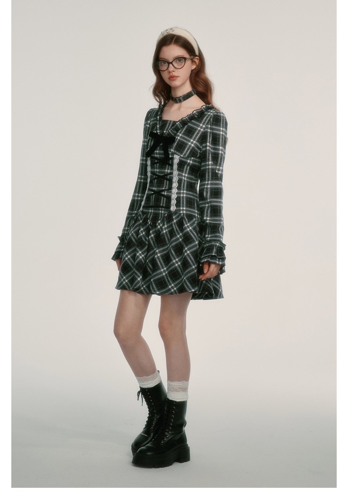 Plaid V-neck Waist Dress