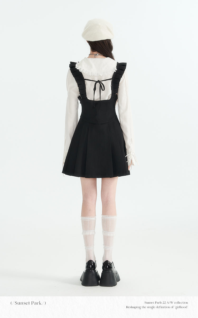 Black Slim Waist Skirt with Suspenders