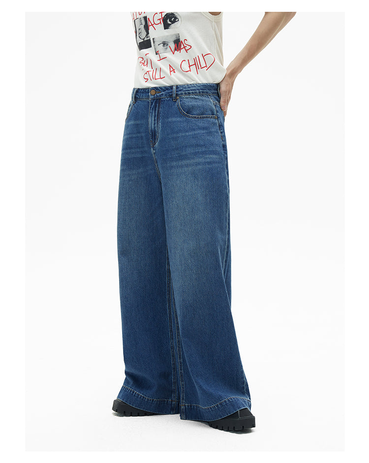 Wide-leg oversized washed retro denim pants