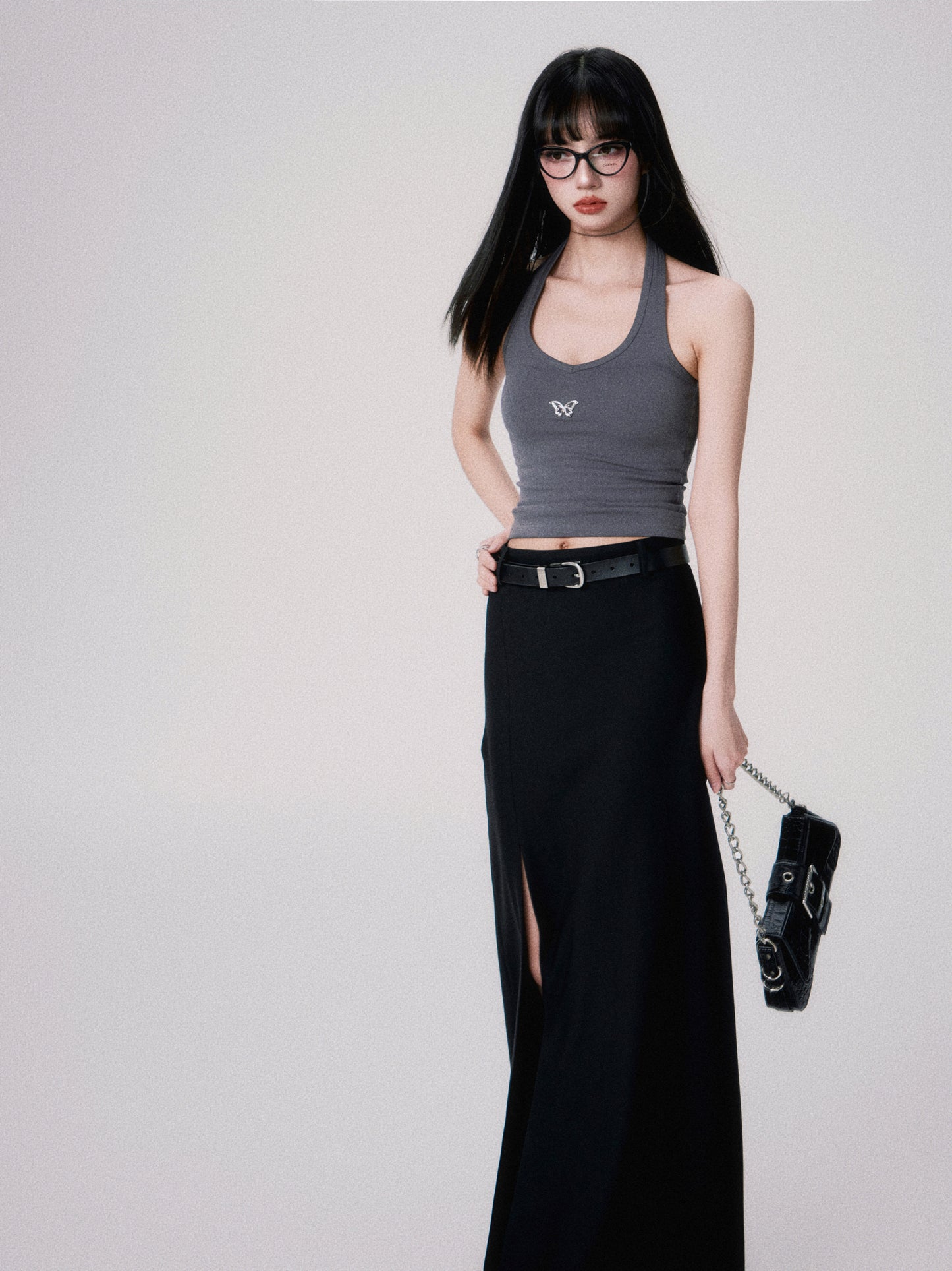 Slim straight mid-waist slit long skirt