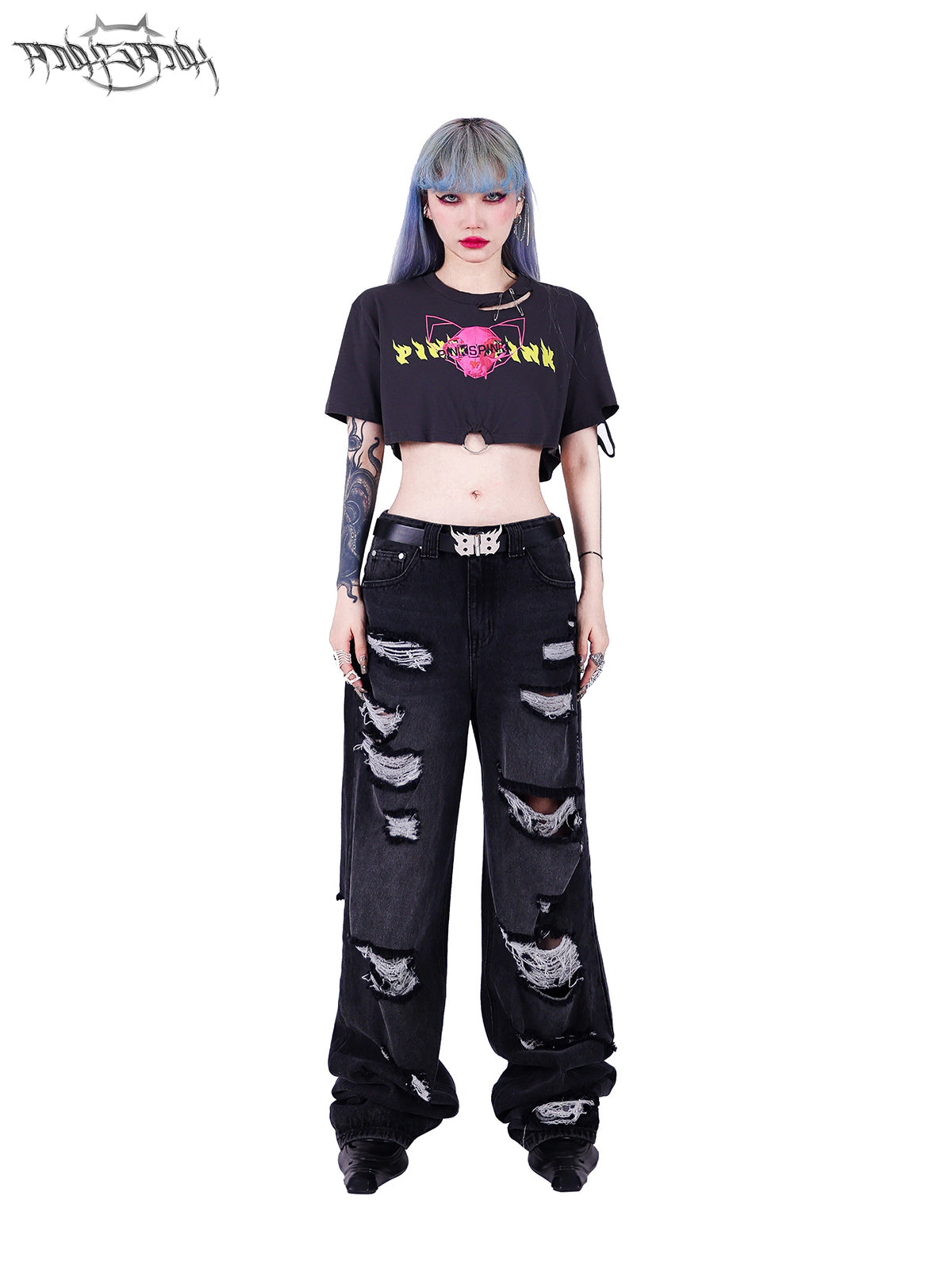 Wide Leg Irregular Damaged Denim Pants