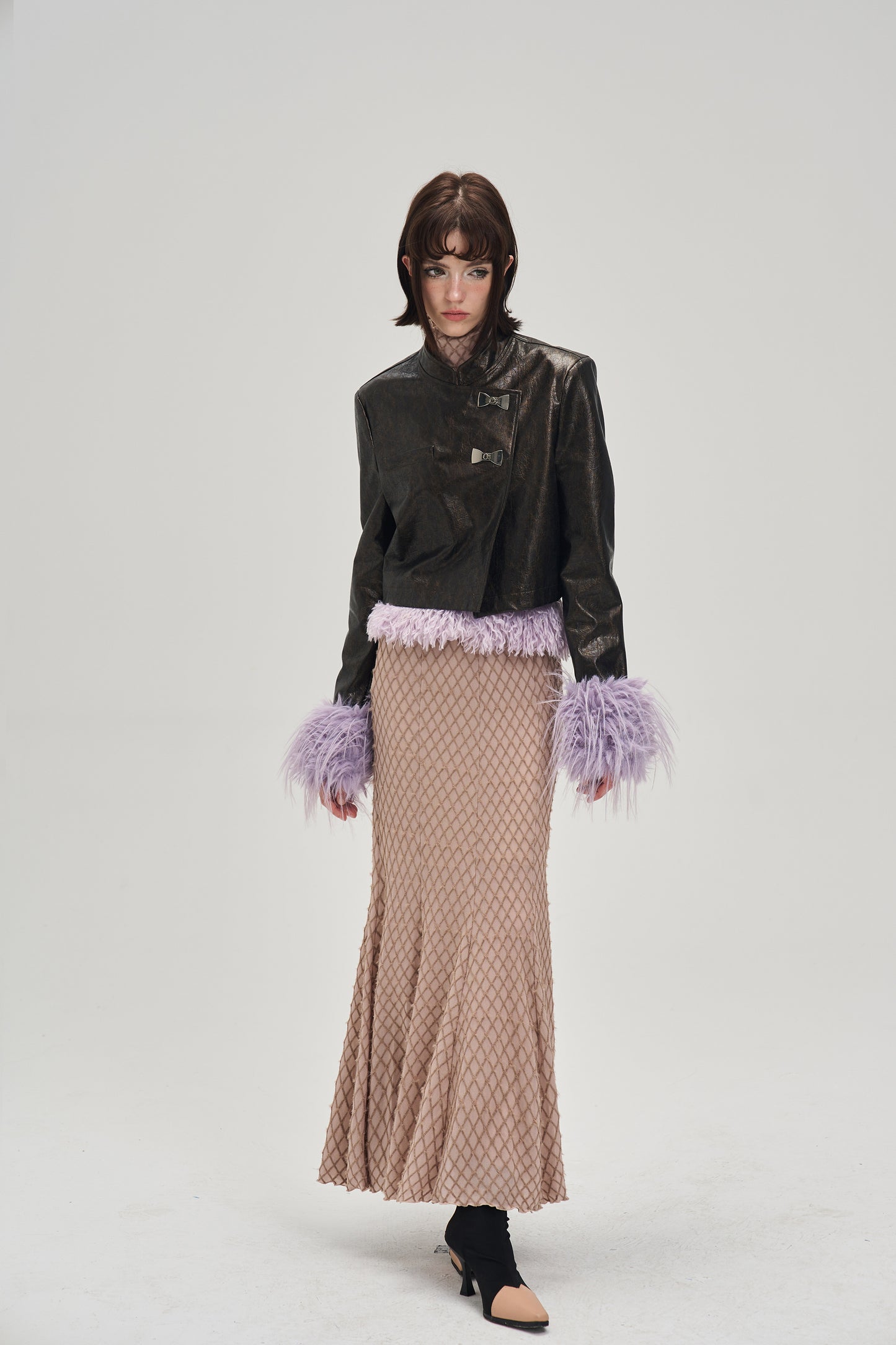 Fur short length leather jacket & fur long length leather skirt