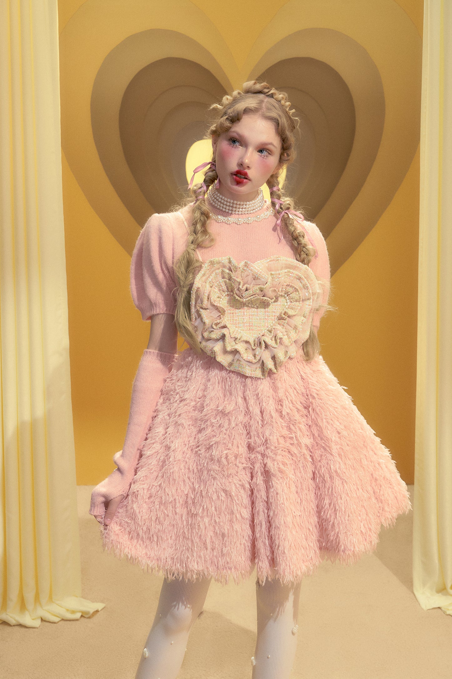 Pink Tweed Layered Love Pearl Embellished Fur High Waist Suspender Skirt