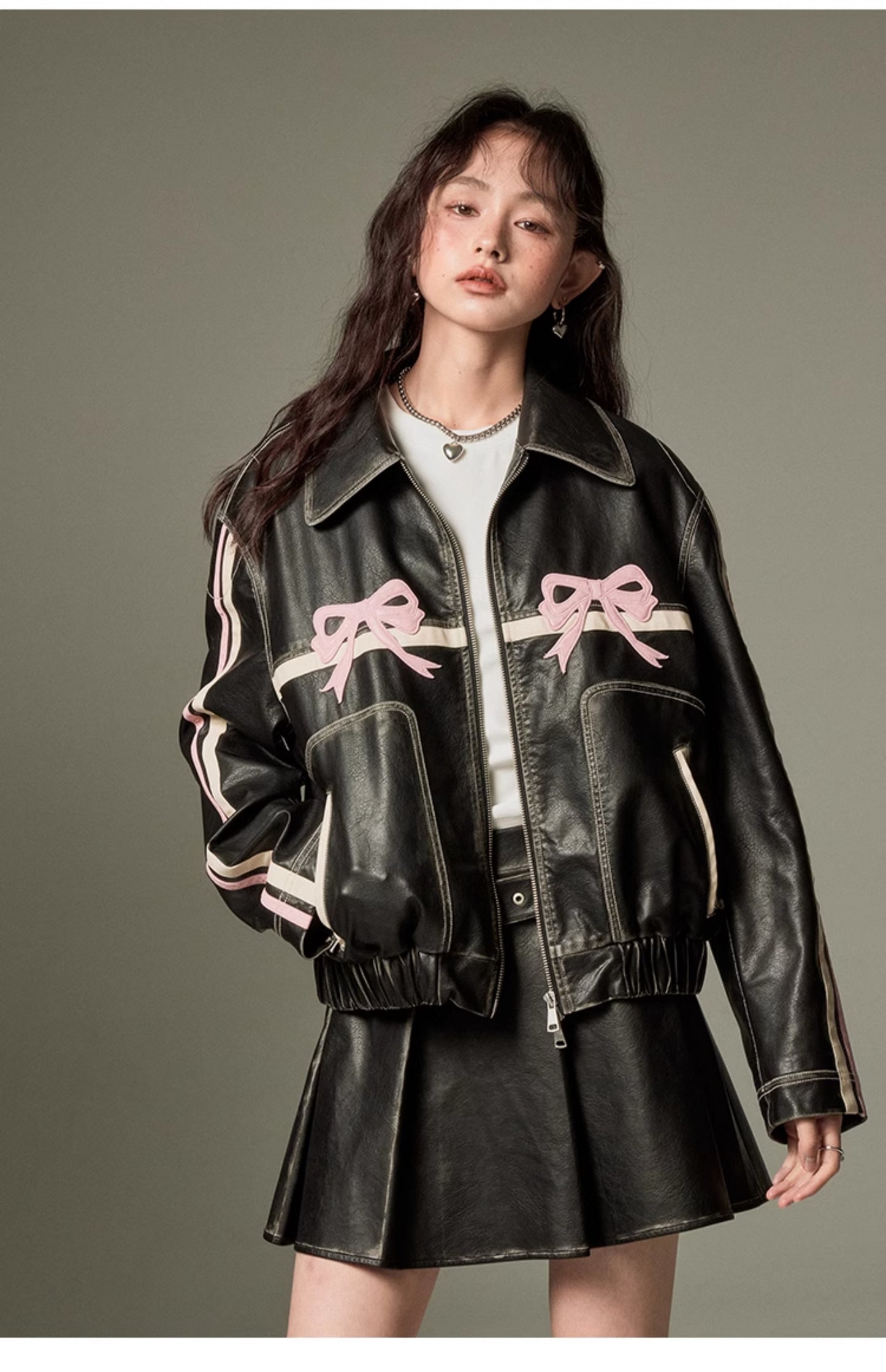 Retro Black Ribbon Leather Jacket