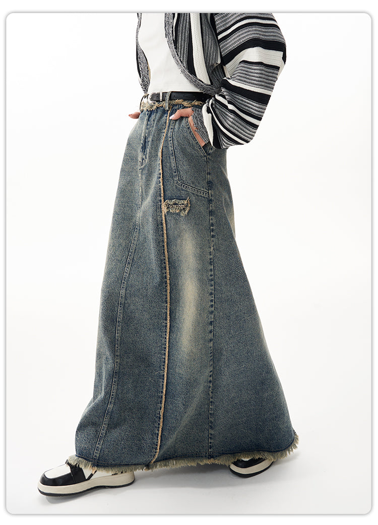 Washed Denim Long Skirt