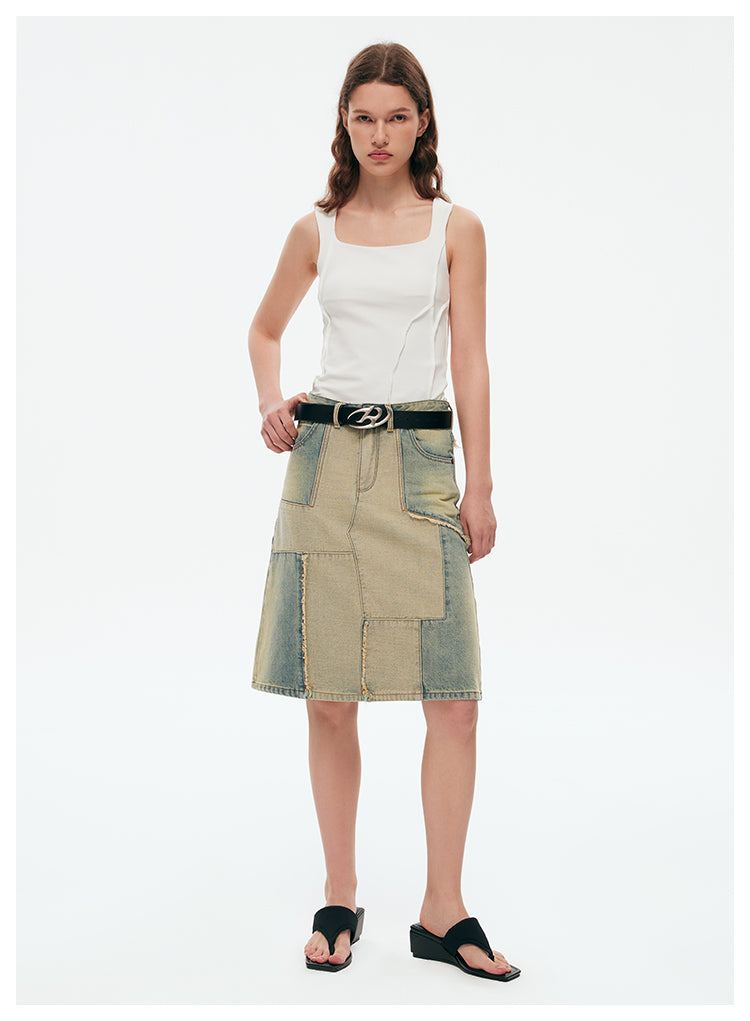 Reconstructed Retro Washed Slim A-Line Skirt