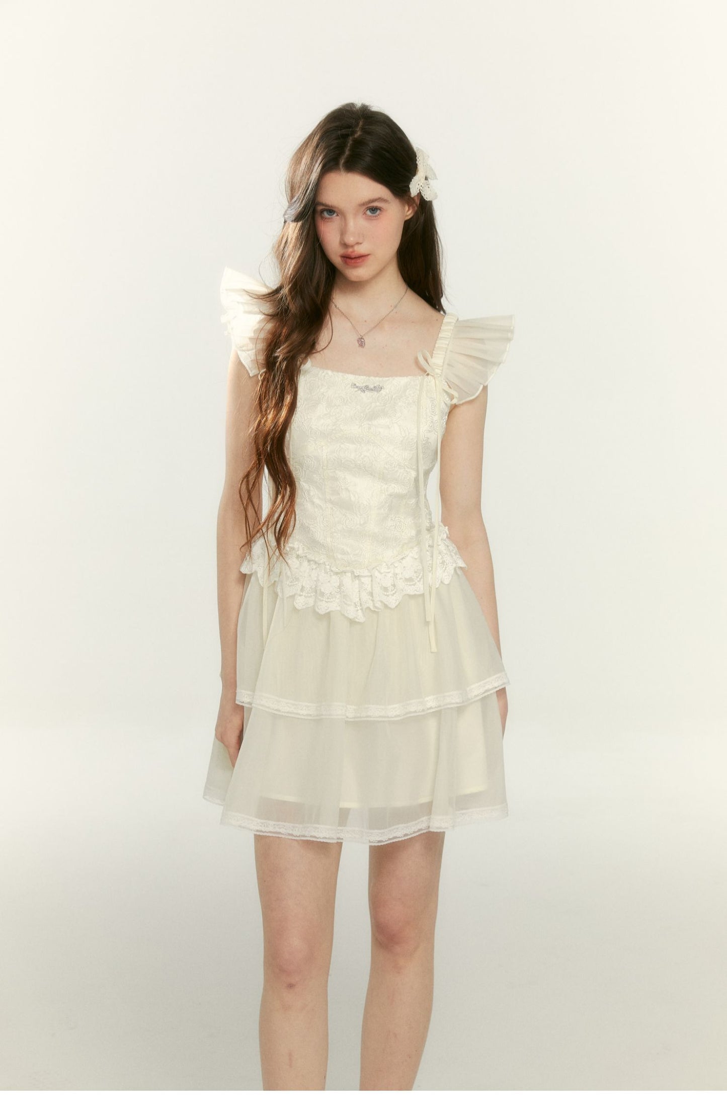 Pearl Flying Sleeves Cake Waist Dress