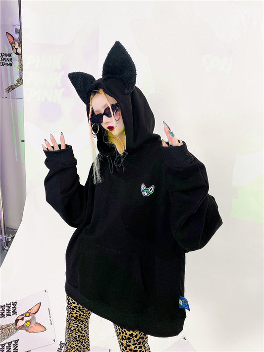 Loose Fit Cat Ear Simple Hoodie