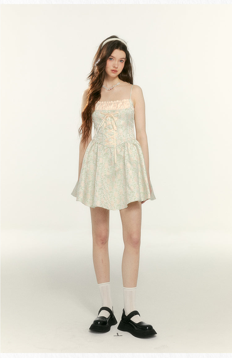 Retro Jacquard Floral Pattern Suspender Dress