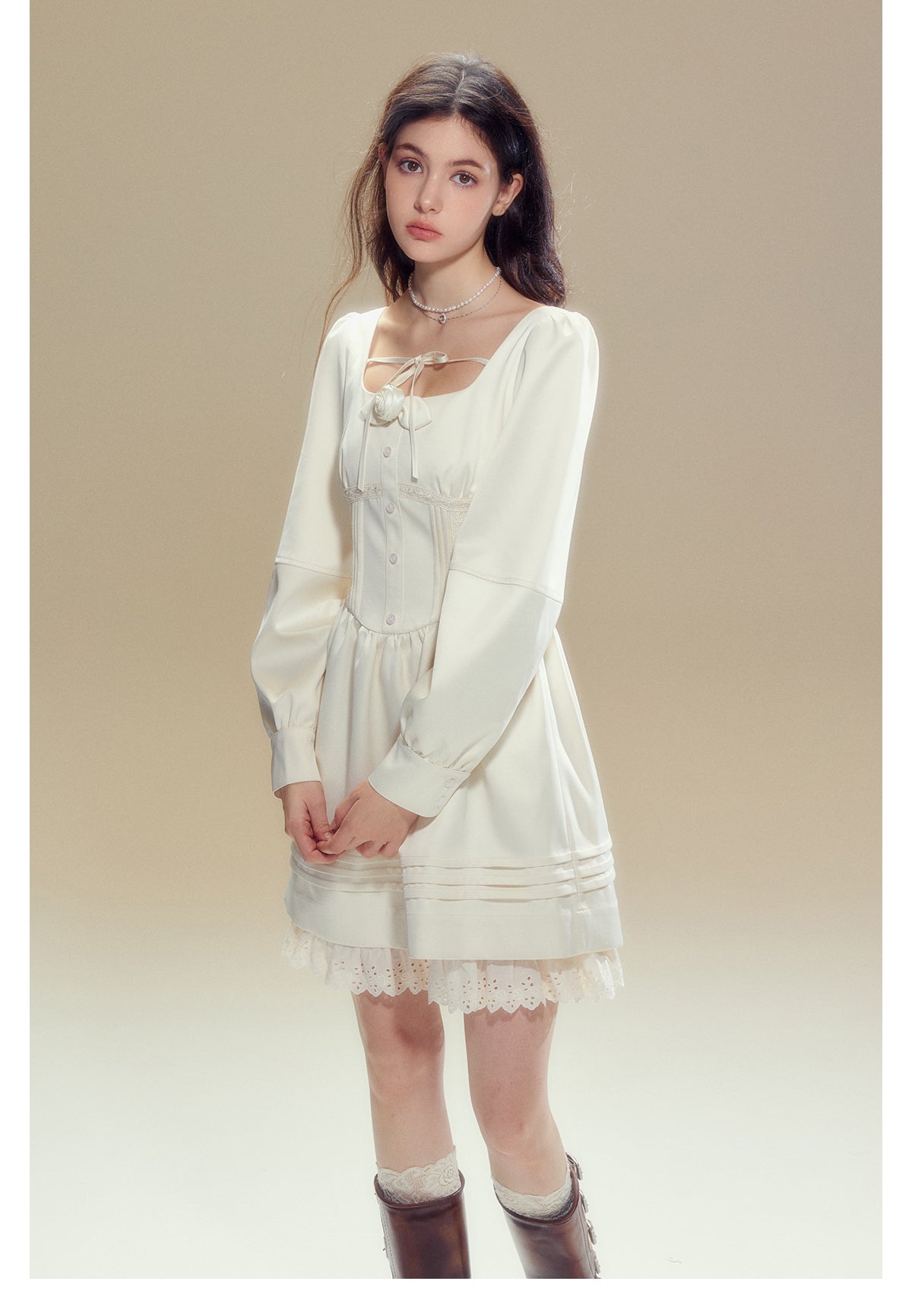 Square Neck Rose Objet Short Length Dress