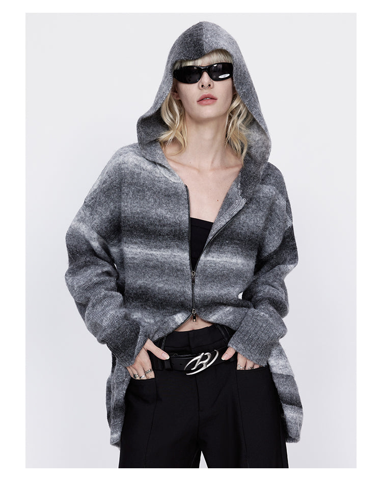 wool striped knit hood cardigan