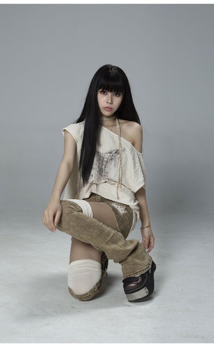 Irregular Design Beige Denim Skirt & Leg Calf