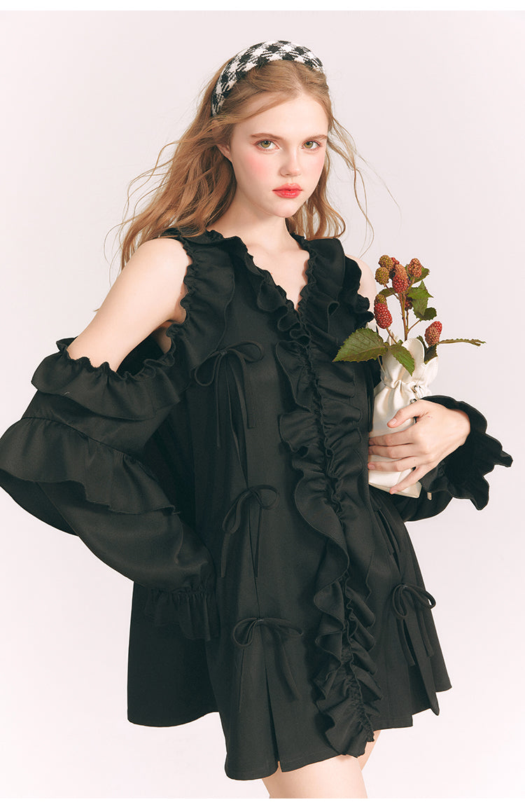 Off-the-shoulder Frilled V-neck Shirt Dress