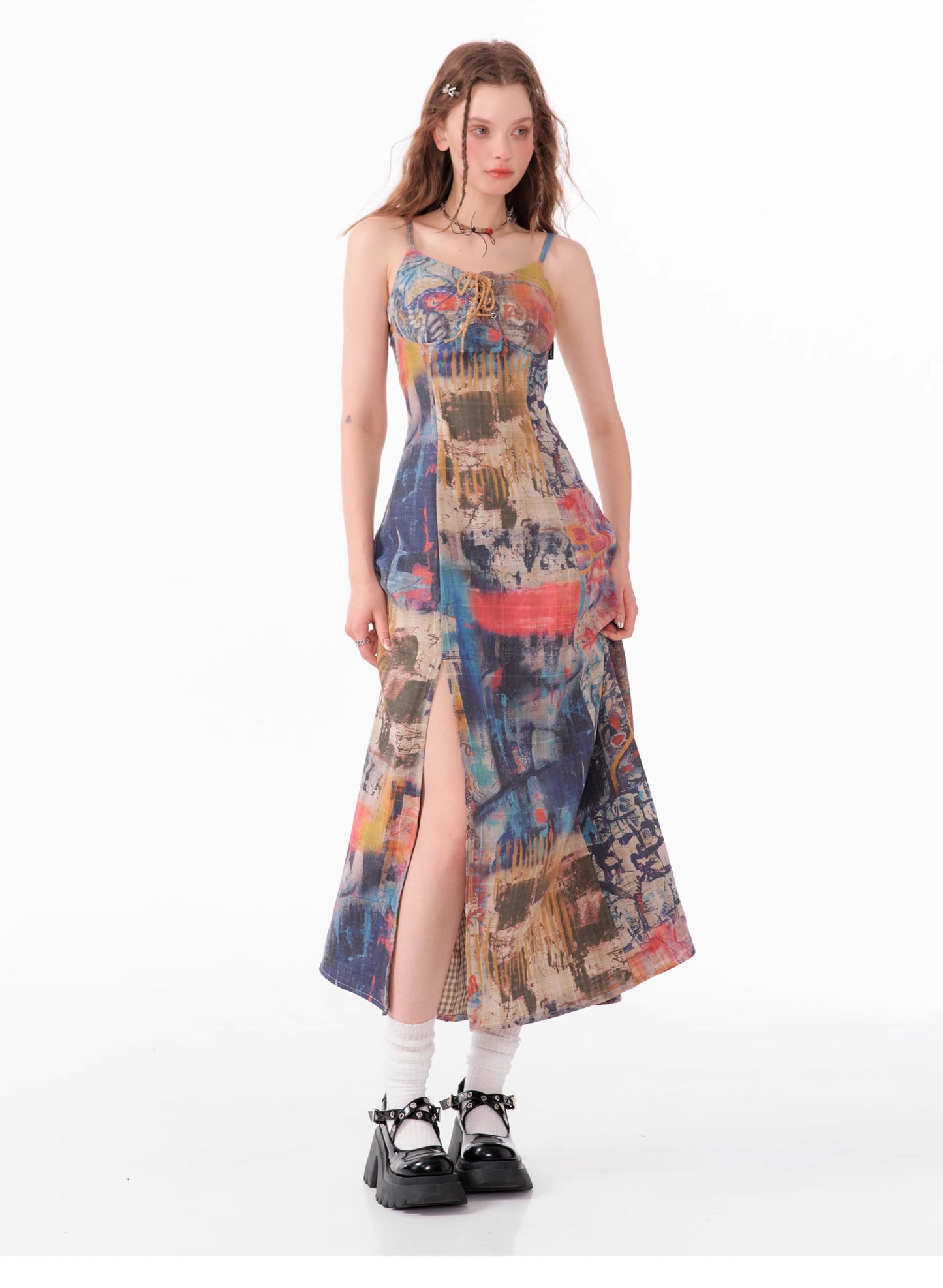 Graffiti print suspender dress