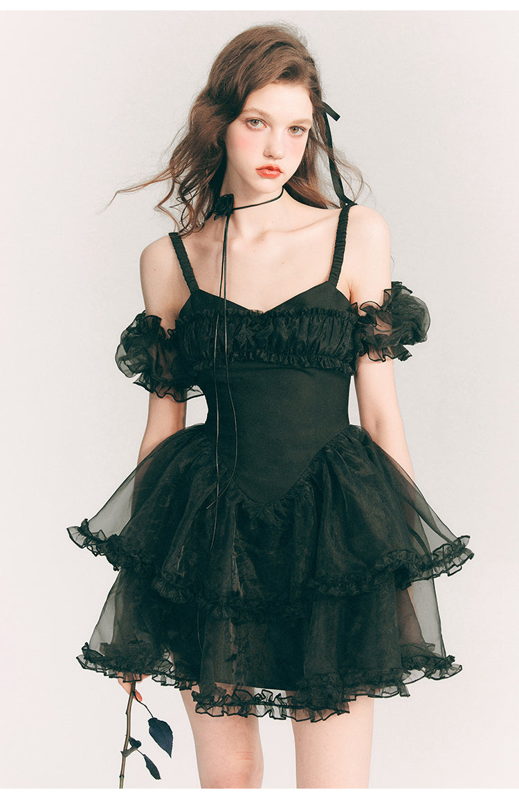 Frill Suspender Puff Skirt Short Dress