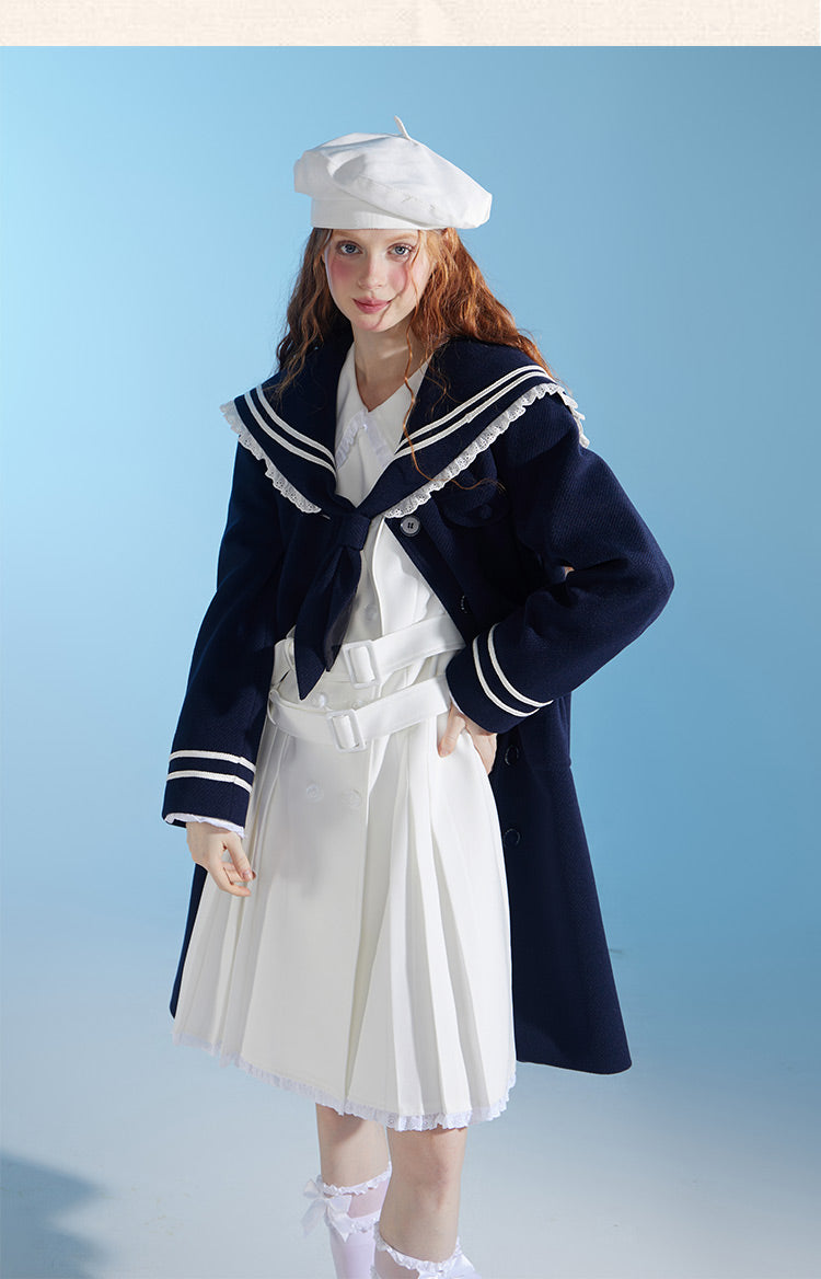 Original design college style navy mid-length wool coat