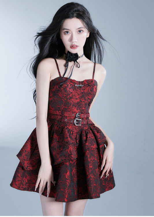 Red Rose Waist Belt Suspender Dress