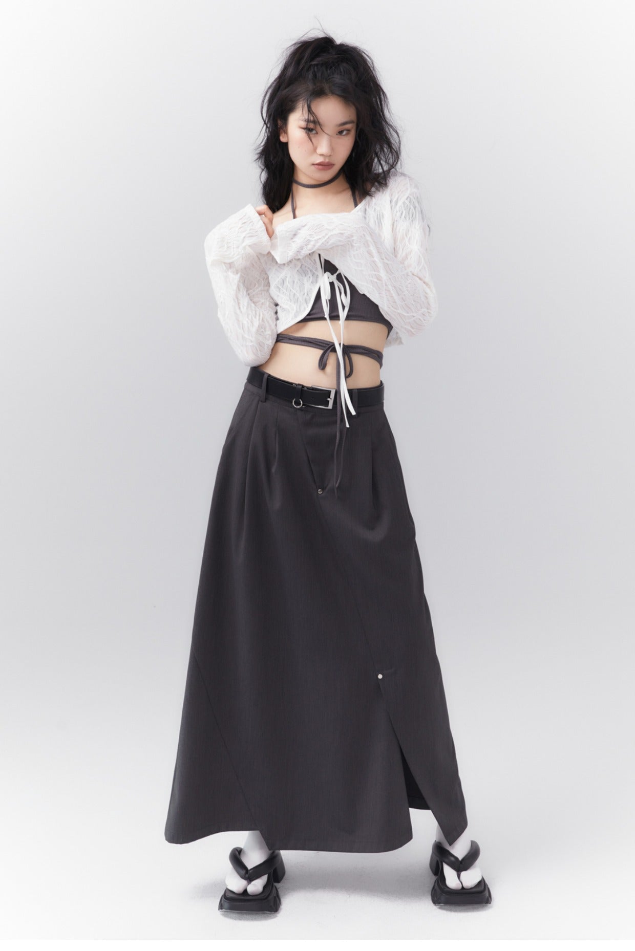 Asymmetrical long length pleated skirt