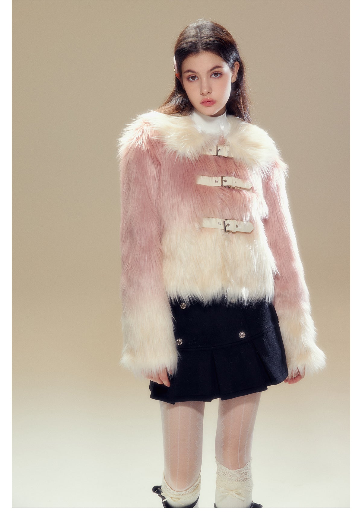 Short Length Gradient Leather Buckle Fur Jacket