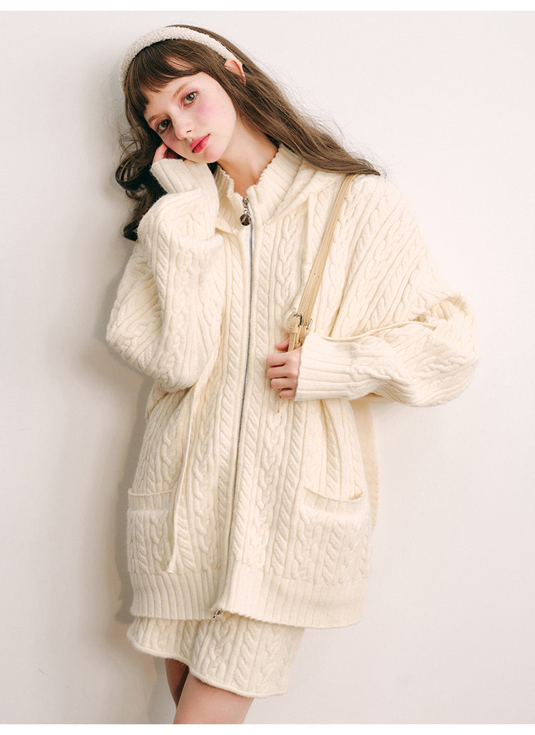 Rabbit ears hooded knit cardigan&Skirt