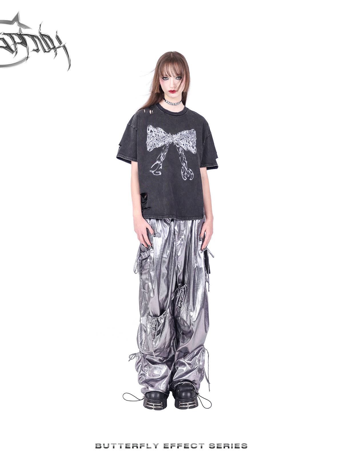 Wide-leg multi-pocket shiny cargo pants