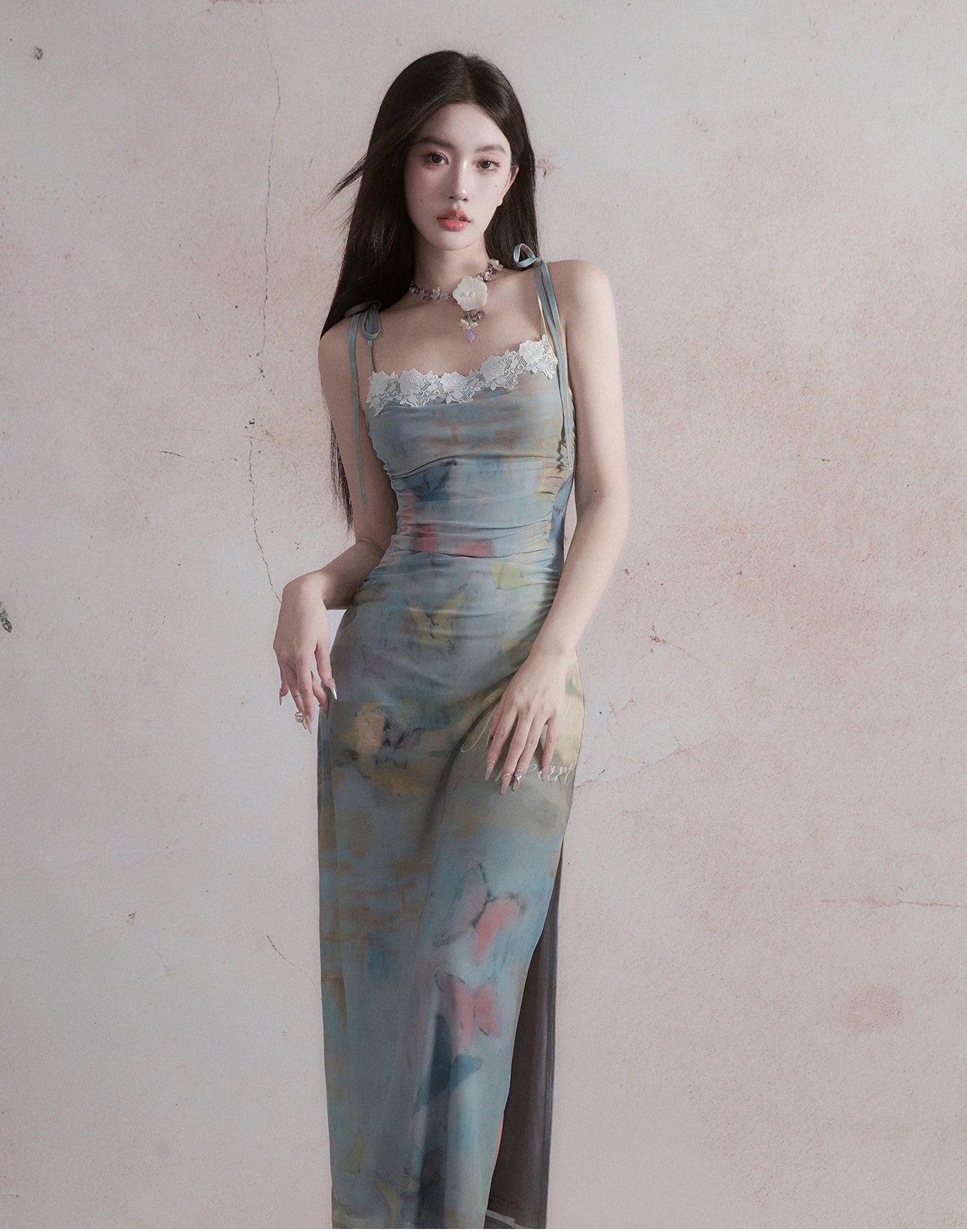 Tie-dye Pattern Butterfly Tight-fitting Suspender Dress