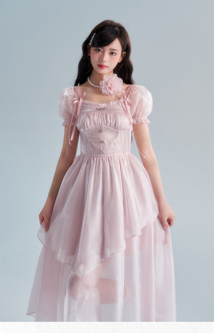 Pink Square Neck Puff Sleeve Long Dress