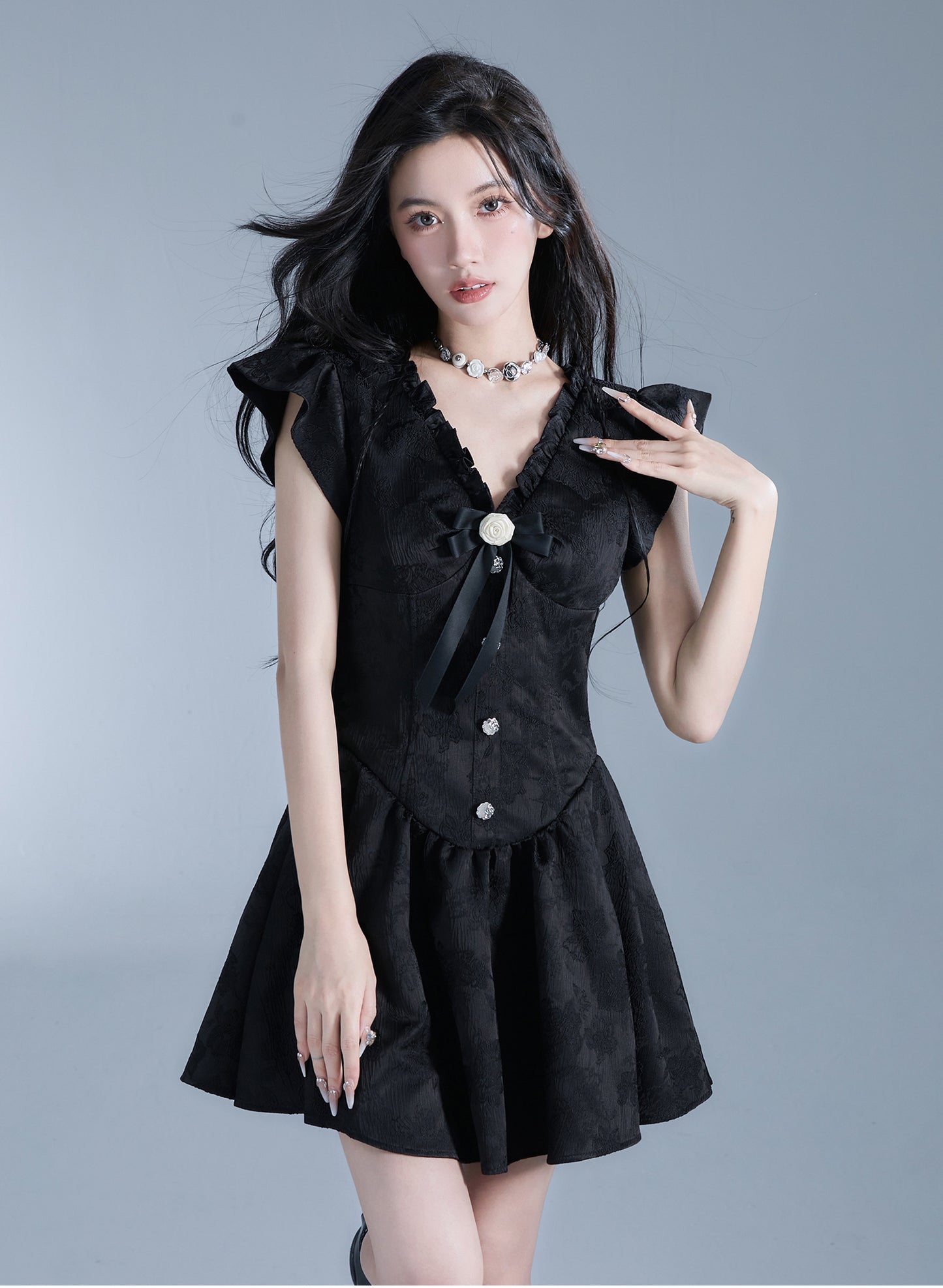 V-Neck Front Button Puff Sleeve Short Length Dress