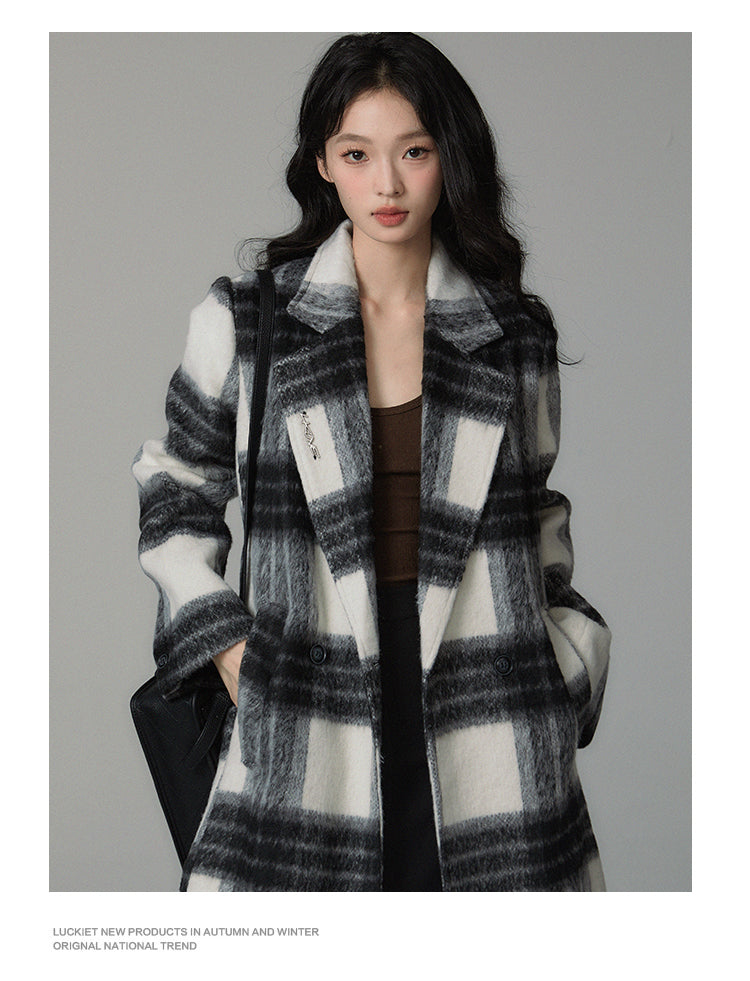 Checked wool mid-length coat