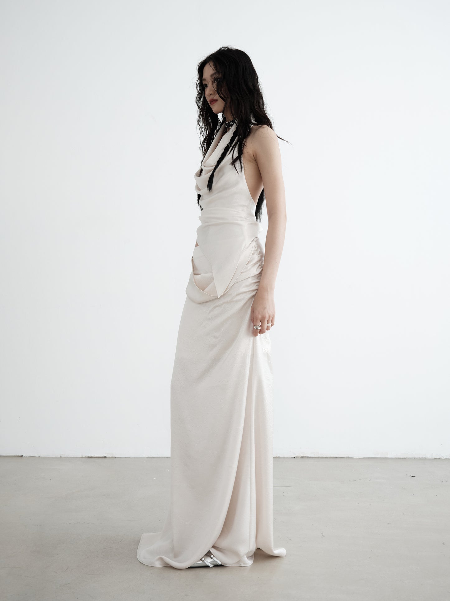 Pearl White Draped Vest and Long Skirt Set