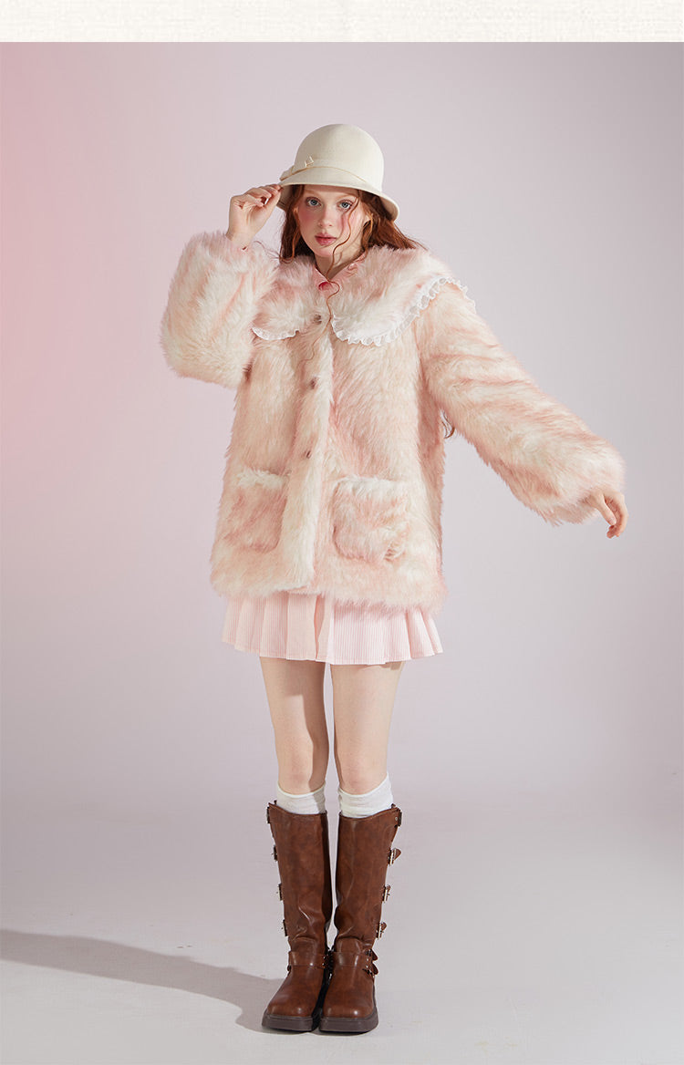 Original designSweet Baby Collar White&Pink Fur Coat