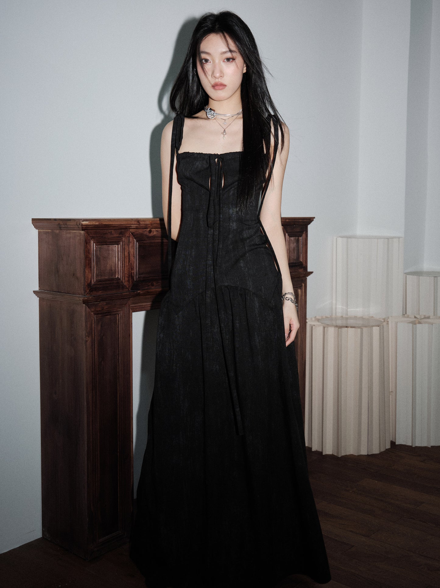 Hollow Lace-Up Extra Long Dress