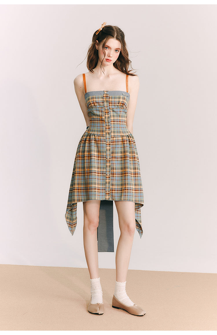 Back Ribbon Plaid Short Suspender One-piece