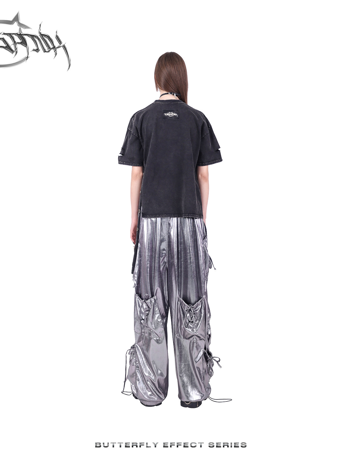 Wide-leg multi-pocket shiny cargo pants