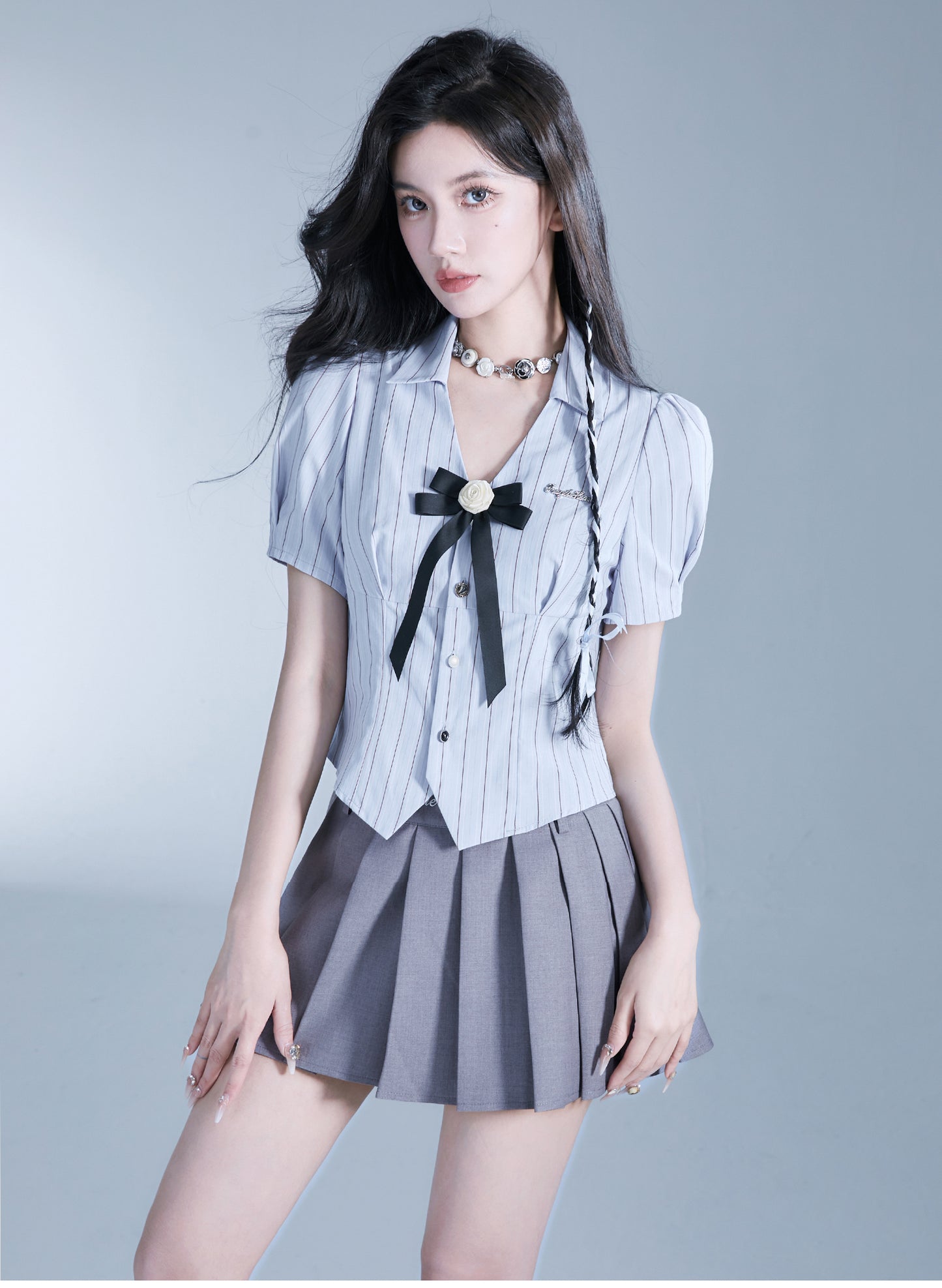 College Style Short Length Striped Shirt & Slim Fit Short Length Skirt Setup