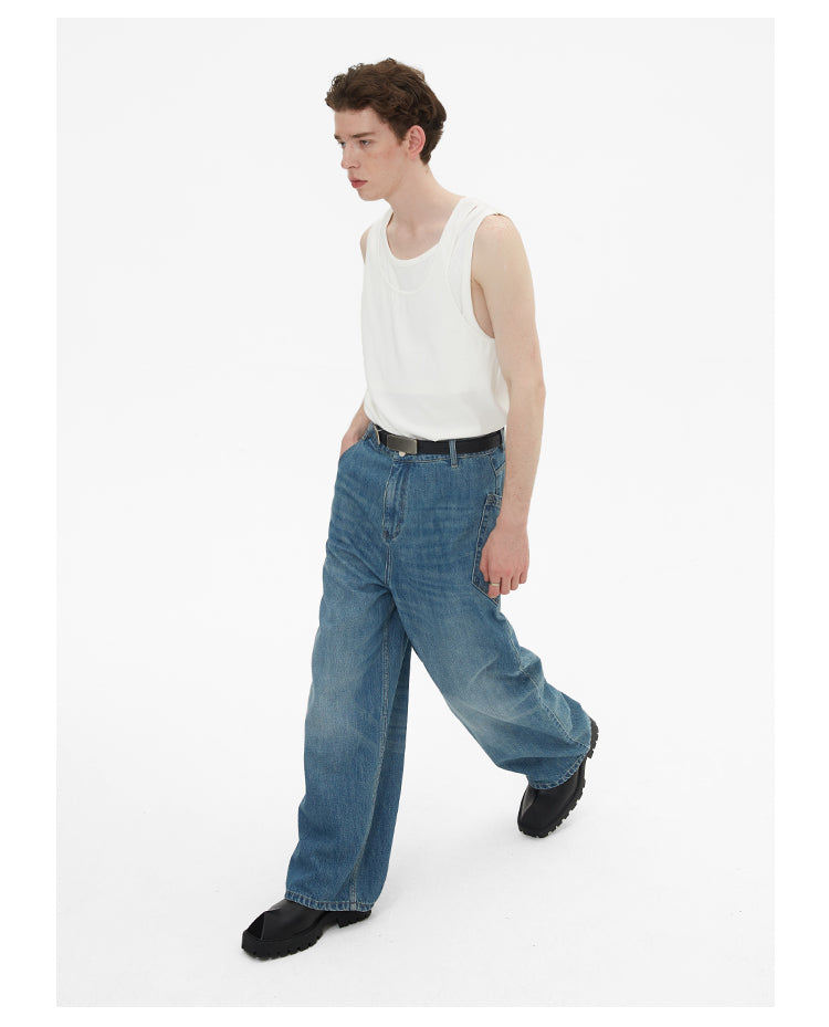 Wide leg irregular pocket washed denim pants