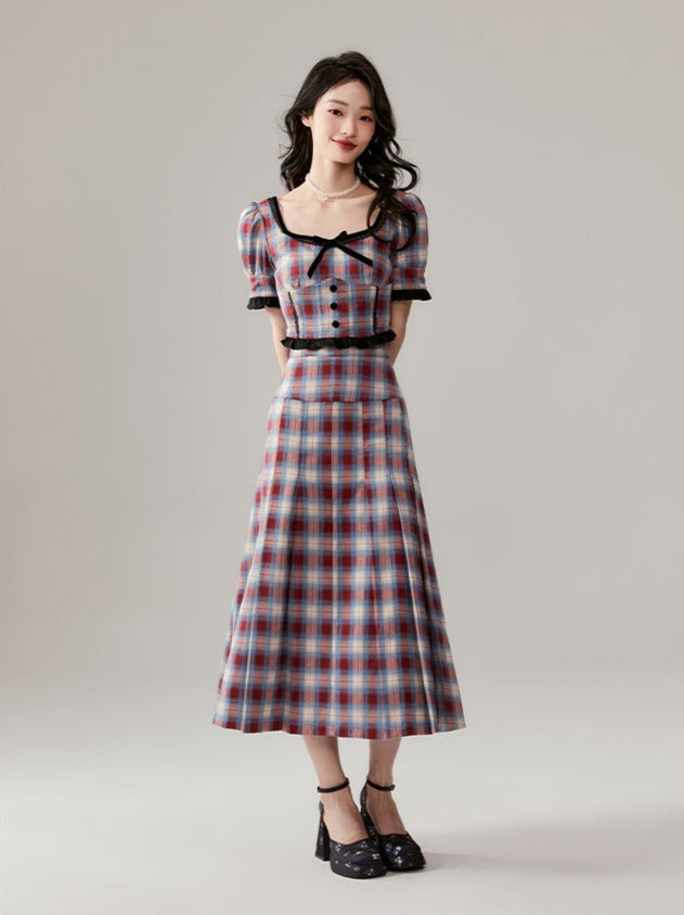 between the Lines Red and blue plaid short sleeve top & skirt