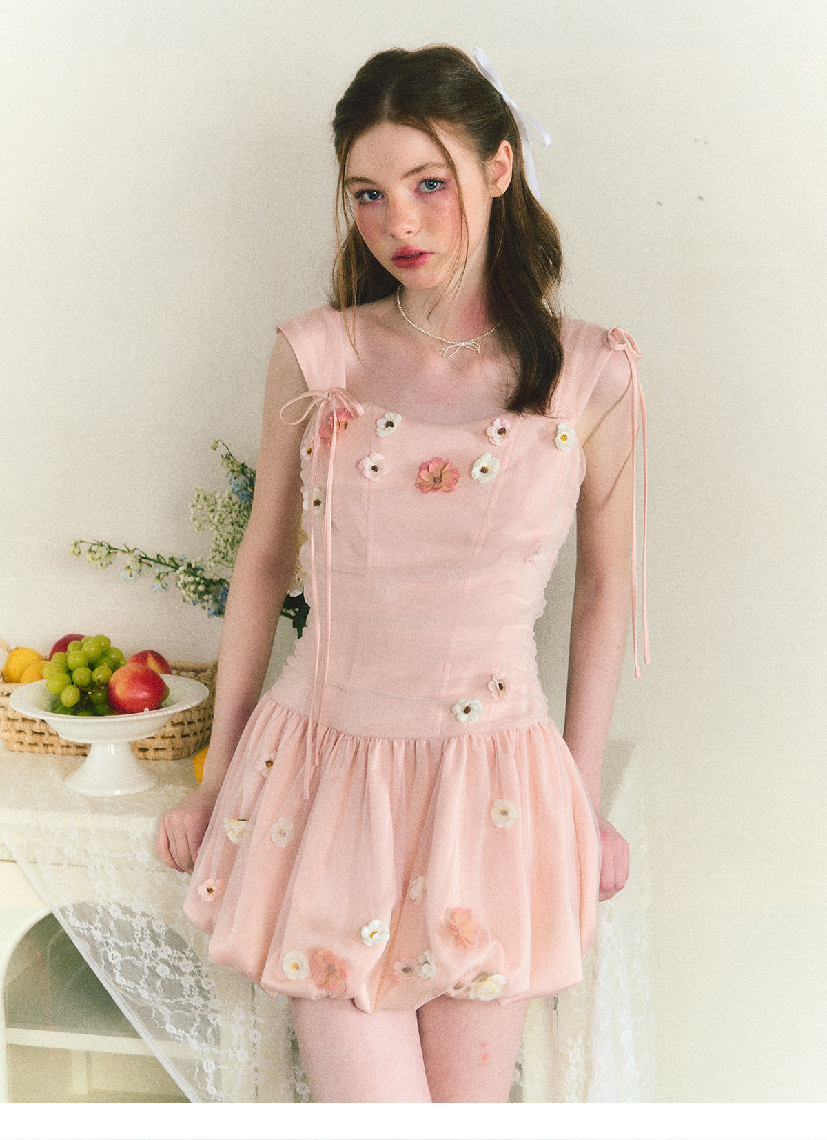 Handmade flower bud suspender dress