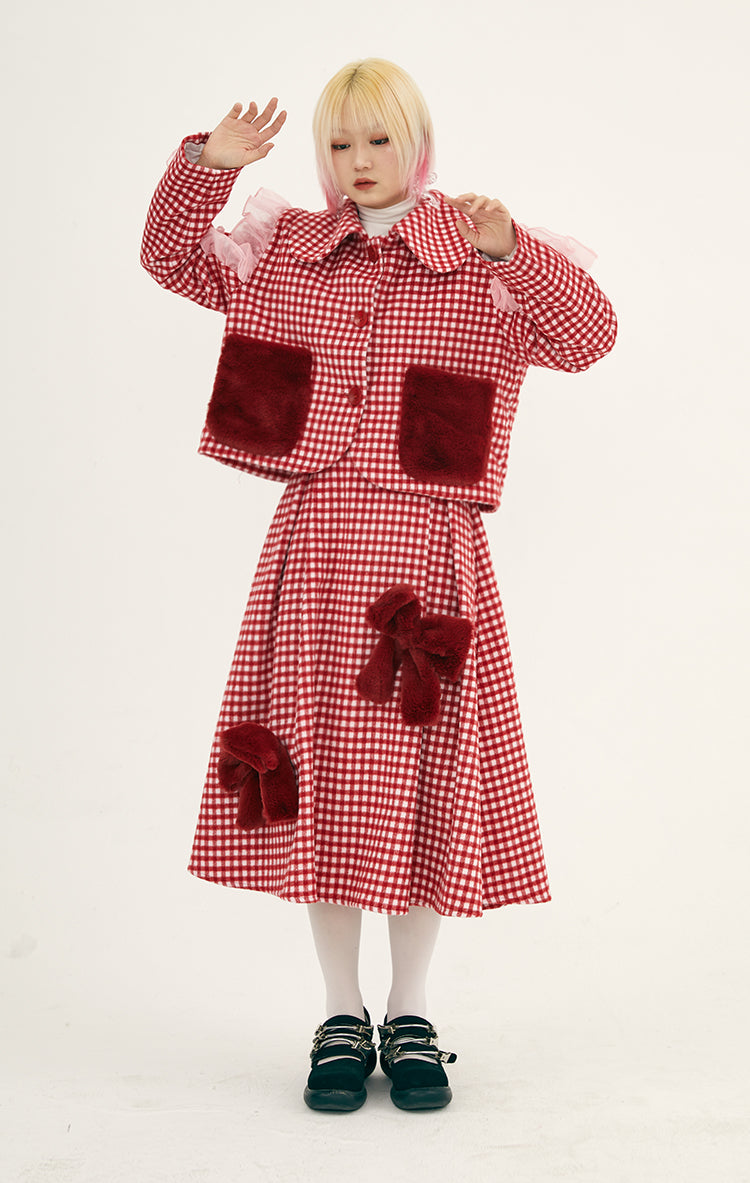 Girly Red Check Ruffle Jacket