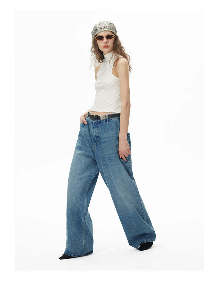 Wide leg irregular pocket washed denim pants