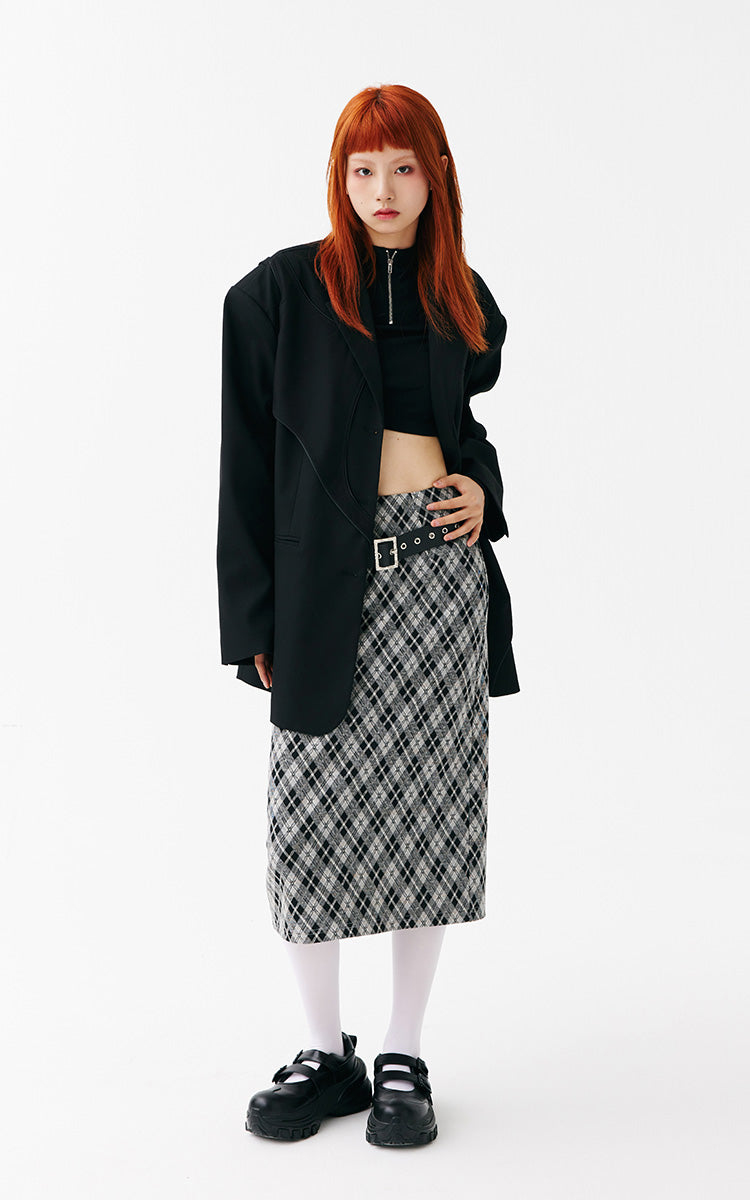 Slim Fit Plaid Long Skirt